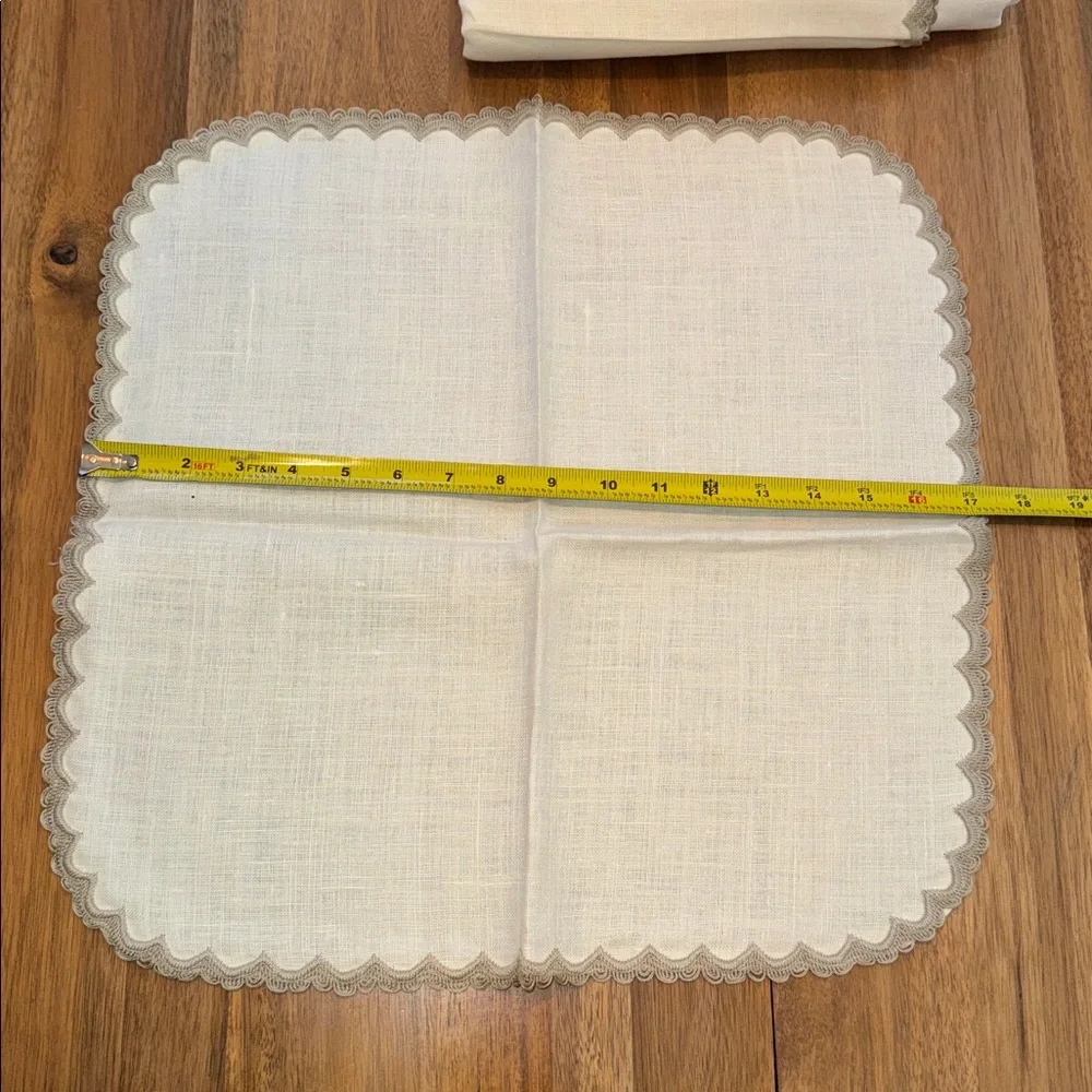 Vintage Linen Tablecloth & 8 Napkins Set Scalloped Crochet Trim Ivory